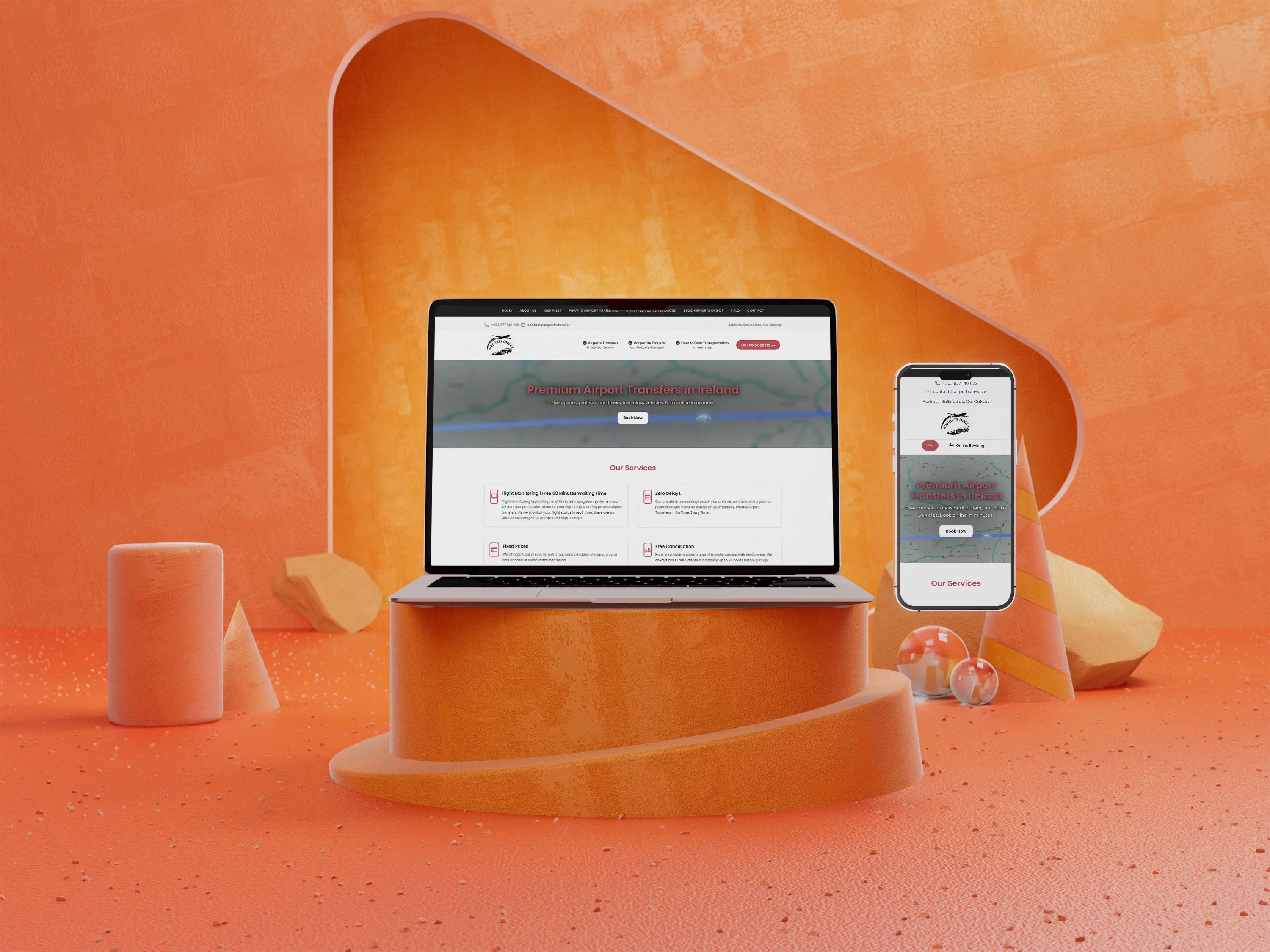 Widok strony airportsdirect.ie – transfery lotniskowe w Irlandii